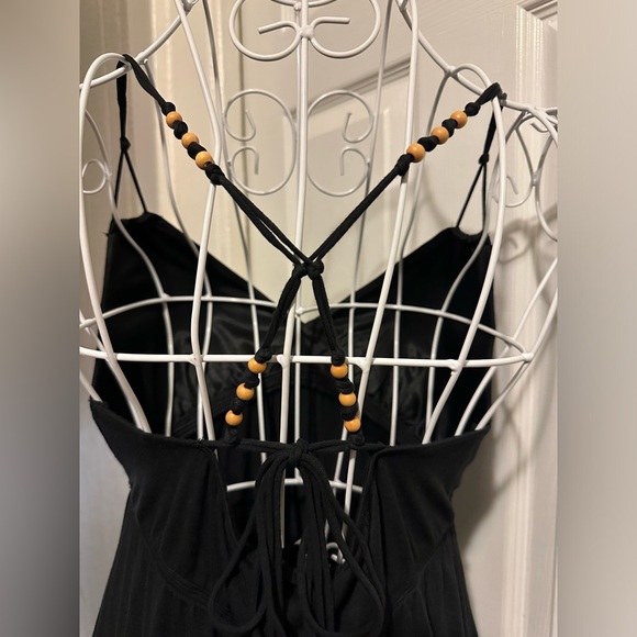 Vintage Cotton Wood Beaded Adjustable Straps Black Midi Dress - Picture 5 of 9